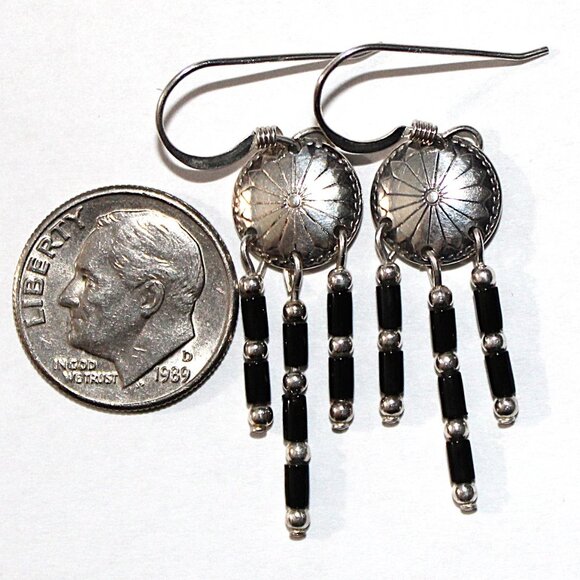 Sterling Silver Small Concho & Black Bead Earrings Southwestern - Picture 3 of 5